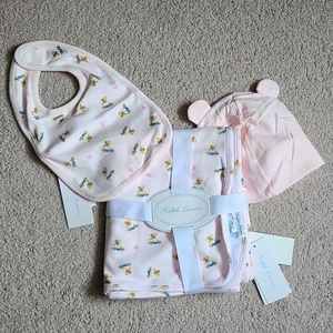 Ralph Lauren Baby Girls Bear Cotton Blanket, Bib and Hat